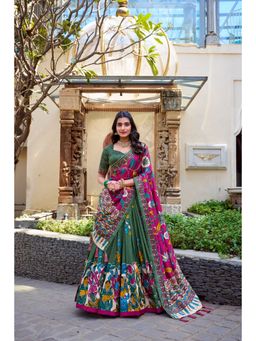 LooknBook Art - Green Shimmer Style Stitched Lehenga with Dupatta & Unstitched Blouse (Set of 3)