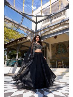 LooknBook Art - Minimal Meets Satin Stitched Lehenga with Dupatta & Unstitched Blouse (Set of 3)