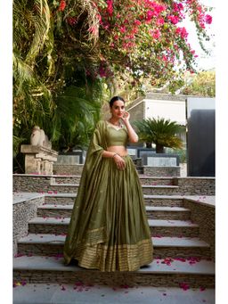 LooknBook Art - Olive Chanderi Stitched Lehenga with Dupatta & Unstitched Blouse (Set of 3)