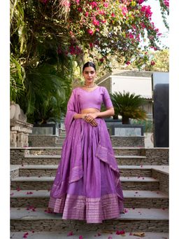 LooknBook Art - Purple Chanderi Stitched Lehenga with Dupatta & Unstitched Blouse (Set of 3)