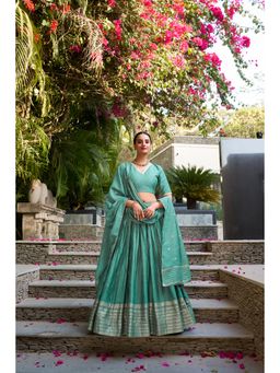 LooknBook Art - Green Chanderi Stitched Lehenga with Dupatta & Unstitched Blouse (Set of 3)