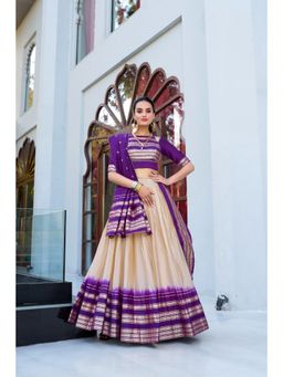 LooknBook Art - Off White Chanderi Stitched Lehenga with Dupatta & Unstitched Blouse (Set of 3)