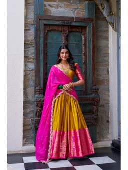 LooknBook Art - Mustard Narayan Pattu Stitched Lehenga with Dupatta & Unstitched Blouse (Set of 3)