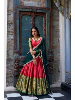 LooknBook Art - Red Narayan Pattu Stitched Lehenga with Dupatta & Unstitched Blouse (Set of 3)