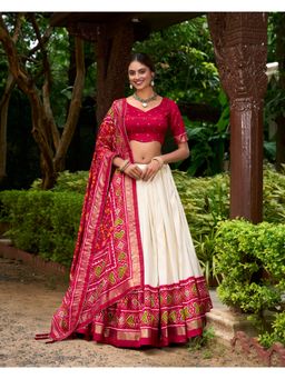 JATRIQQ - Red Tussar Silk Stitched Lehenga with Dupatta & Unstitched Blouse (Set of 3)