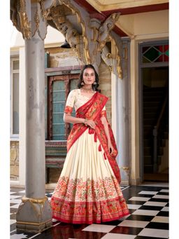 JATRIQQ - Off-White Tussar Silk Stitched Lehenga with Dupatta & Unstitched Blouse (Set of 3)