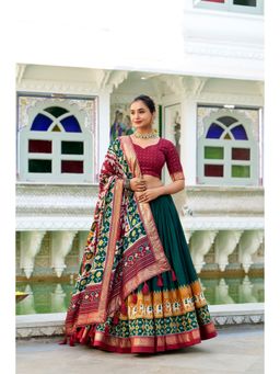 JATRIQQ - Green Tussar Silk Stitched Lehenga with Dupatta & Unstitched Blouse (Set of 3)