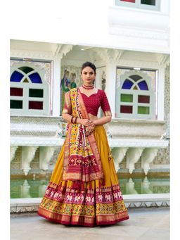 JATRIQQ - Mustard Tussar Silk Stitched Lehenga with Dupatta & Unstitched Blouse (Set of 3)