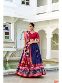 JATRIQQ - Blue Tussar Silk Stitched Lehenga with Dupatta & Unstitched Blouse (Set of 3)