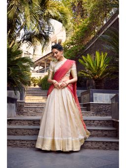 JATRIQQ - Off-White Jacquard Chex Zari Stitched Lehenga with Dupatta & Unstitched Blouse (Set of 3)