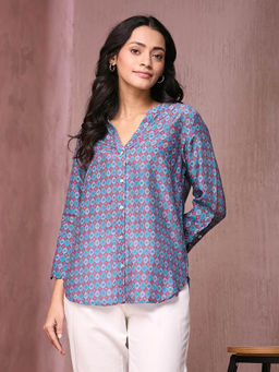 Fabindia - Blue Rayon Blend Printed Shirt