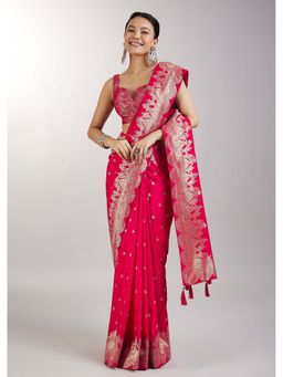 KALKI FASHION - Rani Pink Dola Silk Saree with Zari Woven Butti with Unstitched Blouse