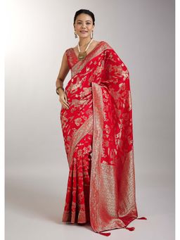 KALKI FASHION - Red Dola Silk Jungla Weave Saree with Unstitched Blouse