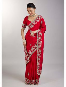 KALKI FASHION - Red Embroidered Crepe Saree with Zari Border with Unstitched Blouse