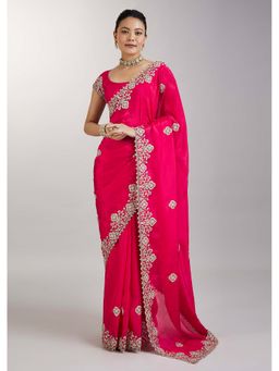 KALKI FASHION - Rani Pink Embroidered Crepe Saree with Unstitched Blouse