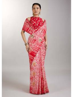 KALKI FASHION - Red Shibori Printed Saree with Unstitched Blouse