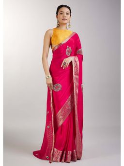 KALKI FASHION - Rani Pink Crepe Saree with Embroidered Butti and Zari Border with Unstitched Blouse
