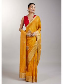 KALKI FASHION - Yellow Embroidered Crepe Saree with Unstitched Blouse