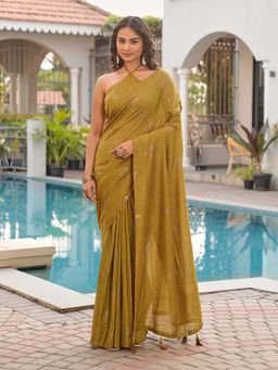 Tikhi Imli - Ready To Wear Mustard Colored Foil Embellished Saree with Unstitched Blouse