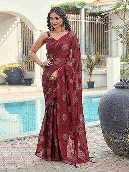 Tikhi Imli - Ready To Wear Maroon Colored Foil Embellished Saree with Unstitched Blouse