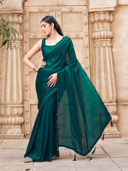 Tikhi Imli - Ready To Wear Two Tone Green Colored Satin Saree with Unstitched Blouse
