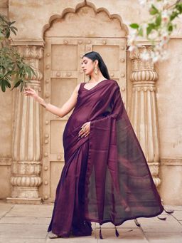 Tikhi Imli - Ready To Wear Burgundy Colored Satin Saree with Unstitched Blouse