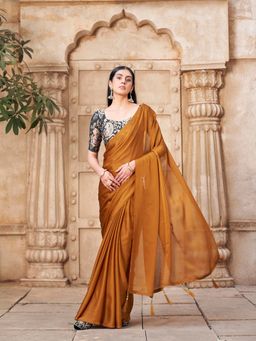 Tikhi Imli - Ready To Wear Mustard Colored Satin Chiffon Base Saree with Unstitched Blouse