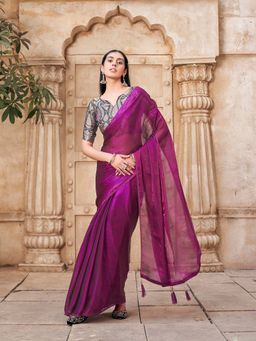 Tikhi Imli - Ready To Wear Violet Colored Shimmer Chiffon Base Saree with Unstitched Blouse