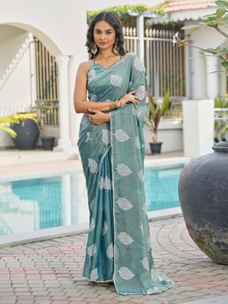 Tikhi Imli - Ready To Wear Blue Rubber Print Saree with Crochet Lace with Unstitched Blouse