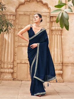Tikhi Imli - Ready To Wear Teal Colored Saree with Foil Embroiderd Border with Unstitched Blouse