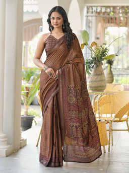 Tikhi Imli - Ready To Wear Ajrakh Printed Poly Art Silk Saree with Unstitched Blouse