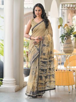 Tikhi Imli - Ready To Wear Beige Colored Printed Saree with Unstitched Blouse