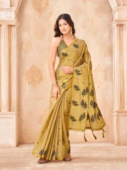 Tikhi Imli - Ready To Wear Gold Colored Shimmer Jute Saree with Unstitched Blouse