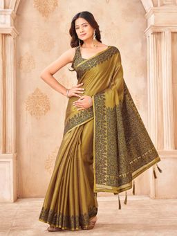 Tikhi Imli - Ready To Wear Gold Colored Shimmer Jute Saree with Unstitched Blouse