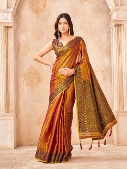 Tikhi Imli - Ready To Wear Two Tone Orange Colored Shimmer Jutes Saree with Unstitched Blouse