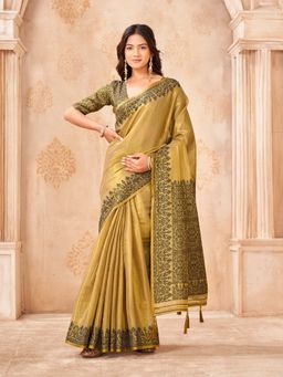 Tikhi Imli - Ready To Wear Gold Colored Shimmer Jute Saree with Unstitched Blouse