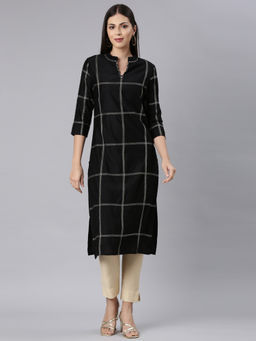 NEERU'S - Black Straight Casual Checks Straight Kurta