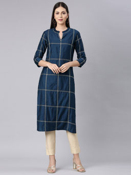 NEERU'S - Blue Straight Casual Checks Straight Kurta