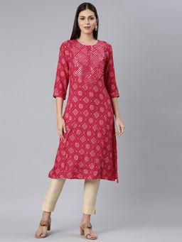 NEERU'S - Red Straight Casual Bandhani Straight Kurta
