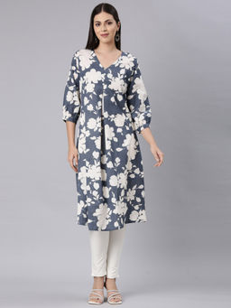NEERU'S - Grey Curved Casual Floral Kurta