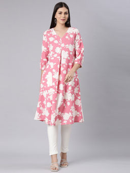 NEERU'S - Pink Curved Casual Floral Anarkali Kurta