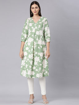 NEERU'S - Green Curved Casual Floral Anarkali Kurta