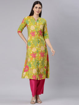 NEERU'S - Green Straight Casual Floral Straight Kurta