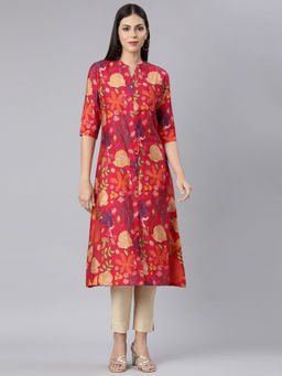 NEERU'S - Red Straight Casual Floral Straight Kurta