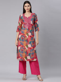 NEERU'S - Red Straight Casual Floral Straight Kurta