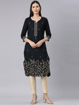 NEERU'S - Green Straight Casual Floral Straight Kurta