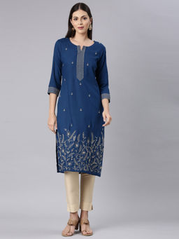 NEERU'S - Blue Straight Casual Floral Straight Kurta
