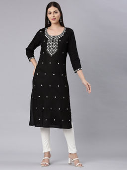 NEERU'S - Black Straight Casual Embroidered Straight Kurta
