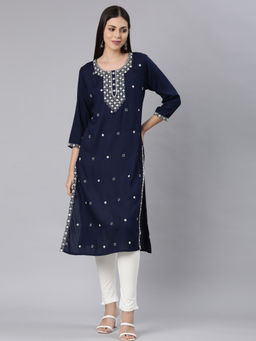 NEERU'S - Navy Blue Straight Casual Embroidered Straight Kurta