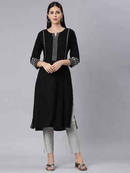 NEERU'S - Black Straight Casual Embroidered Straight Kurta